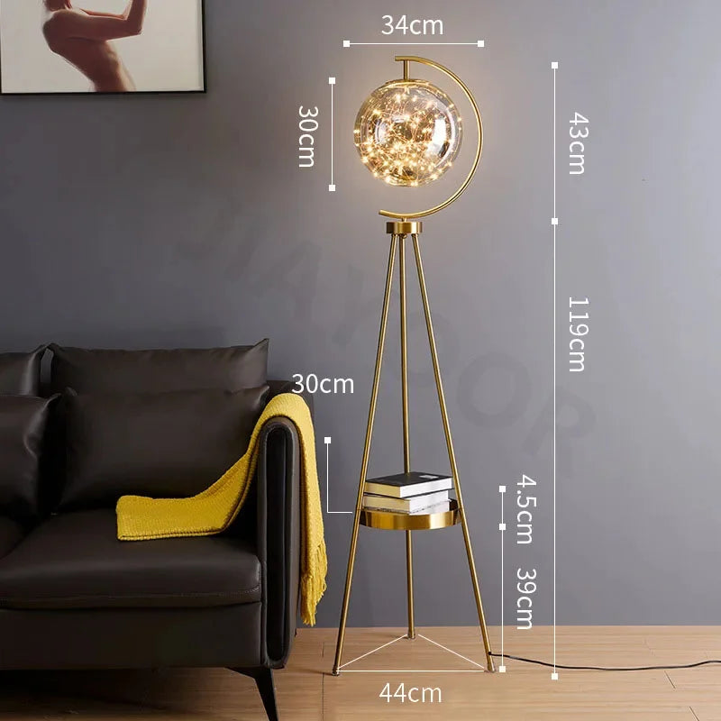 Lampadaire globe verre trépied métal avec étagère