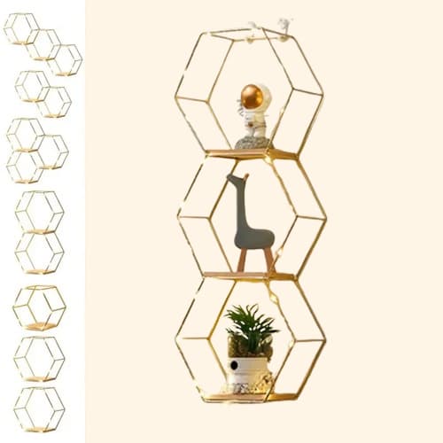 Etagère lumineuse chambre hexagonale bois clair et métal doré