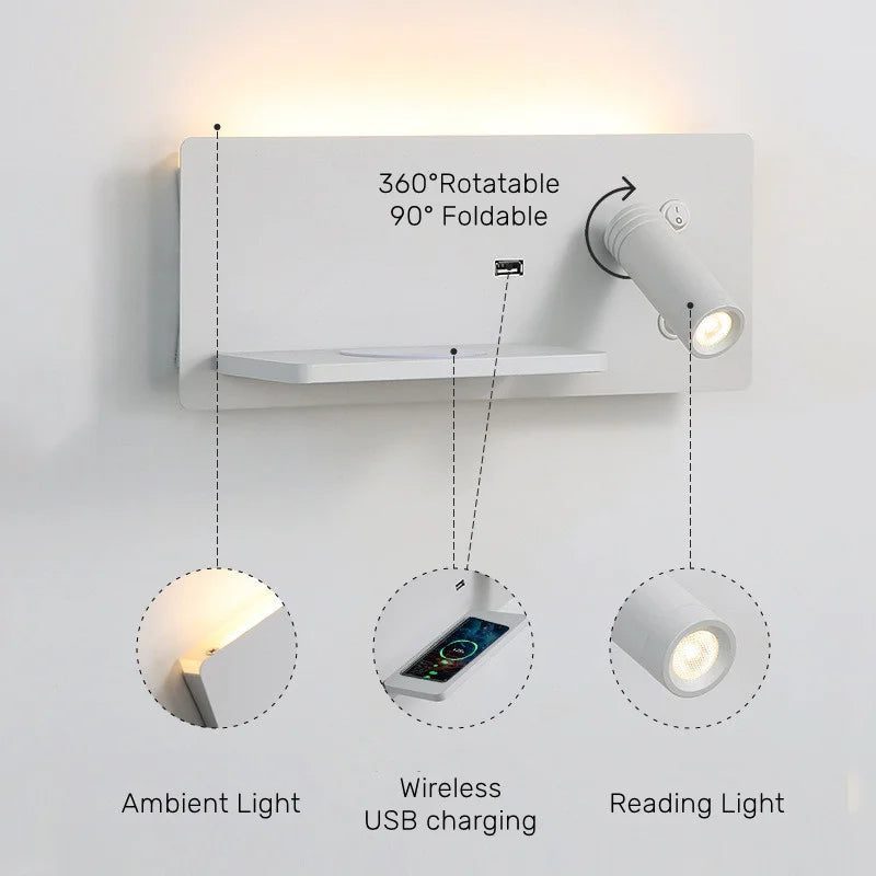 Etagere chevet murale avec spot led intégré