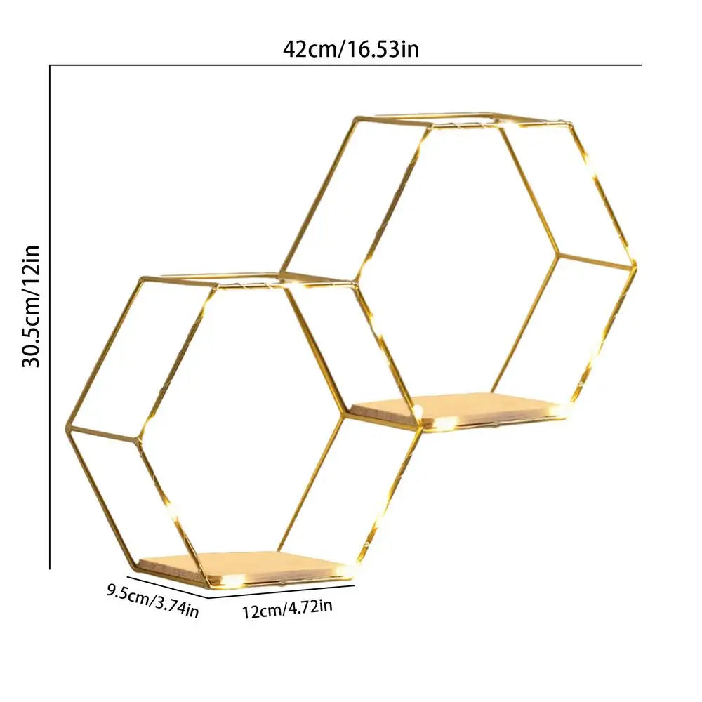 Etagère lumineuse chambre hexagonale bois clair et métal doré