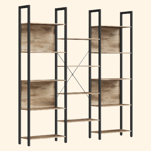 Bibliothèque salon bois et métal noir 14 compartiments