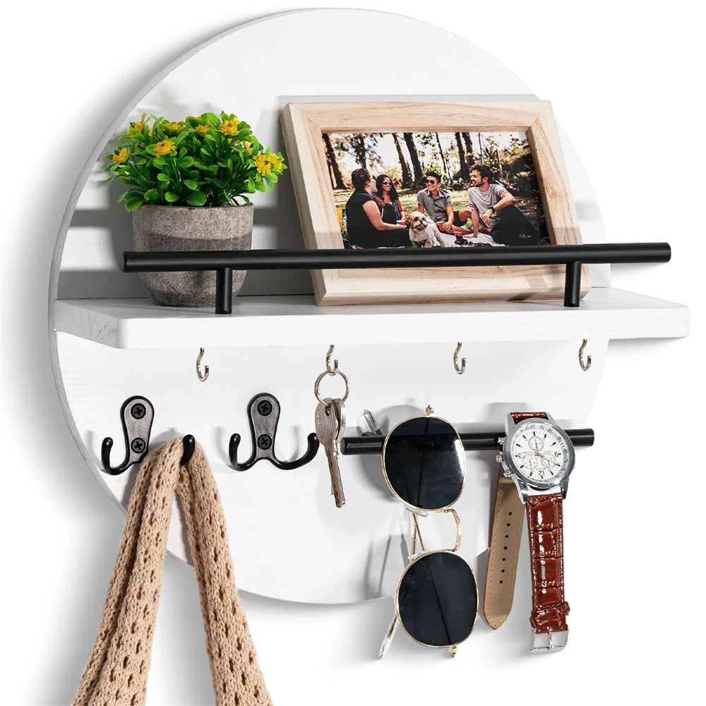 étagère murale ronde blanche en bois avec crochets suspendus