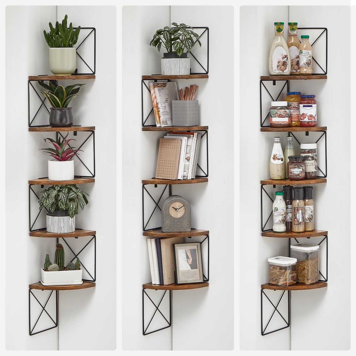 Étagère murale d'angle en bois et métal pour rangement décoratif idéal pour chambre, cuisine ou salon