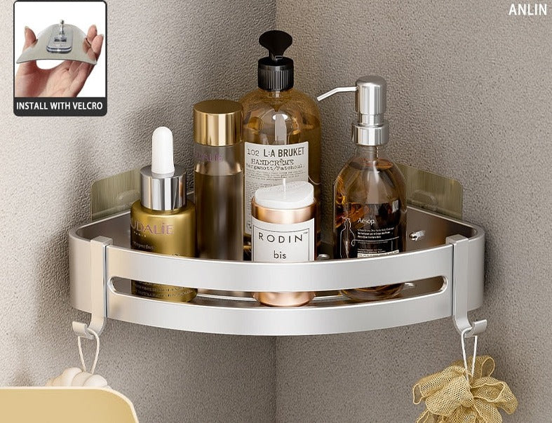 Etagère d'angle murale aluminium salle de bain à multiples supports
