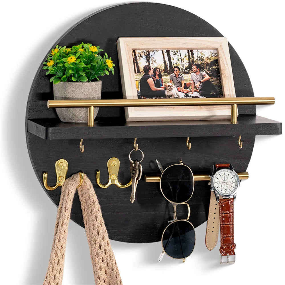 étagère murale ronde noire et doré avec crochets suspendus