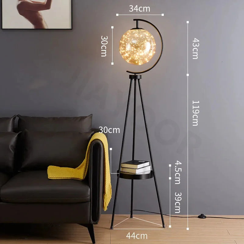 Lampadaire globe verre trépied métal avec étagère