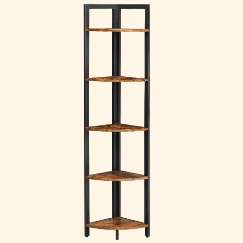 meuble d'angle vertical étroit 5 niveaux noir et bois