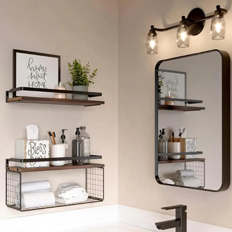 Etagère murale flottante en bois et noir avec rebord salle de bain