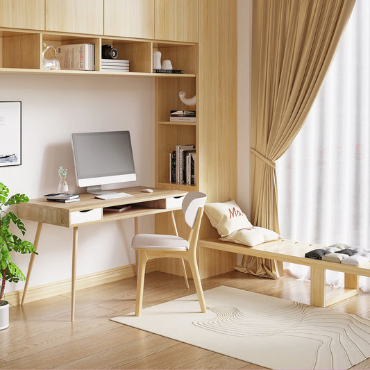 Bureau scandinave bois et blanc 120cm avec 2 tiroirs et une niche centrale