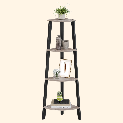 meuble étagère d’angle moderne en bois et métal trépied