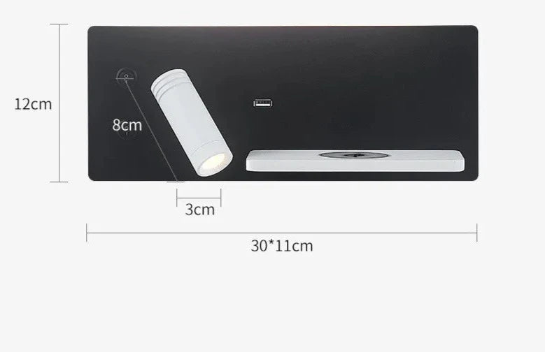 Etagere chevet murale noire avec spot led intégré blanc