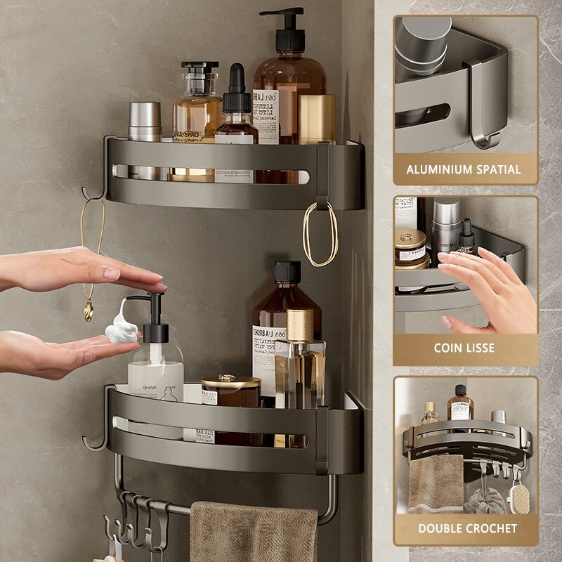 Etagère murale aluminium salle de bain à multiples supports