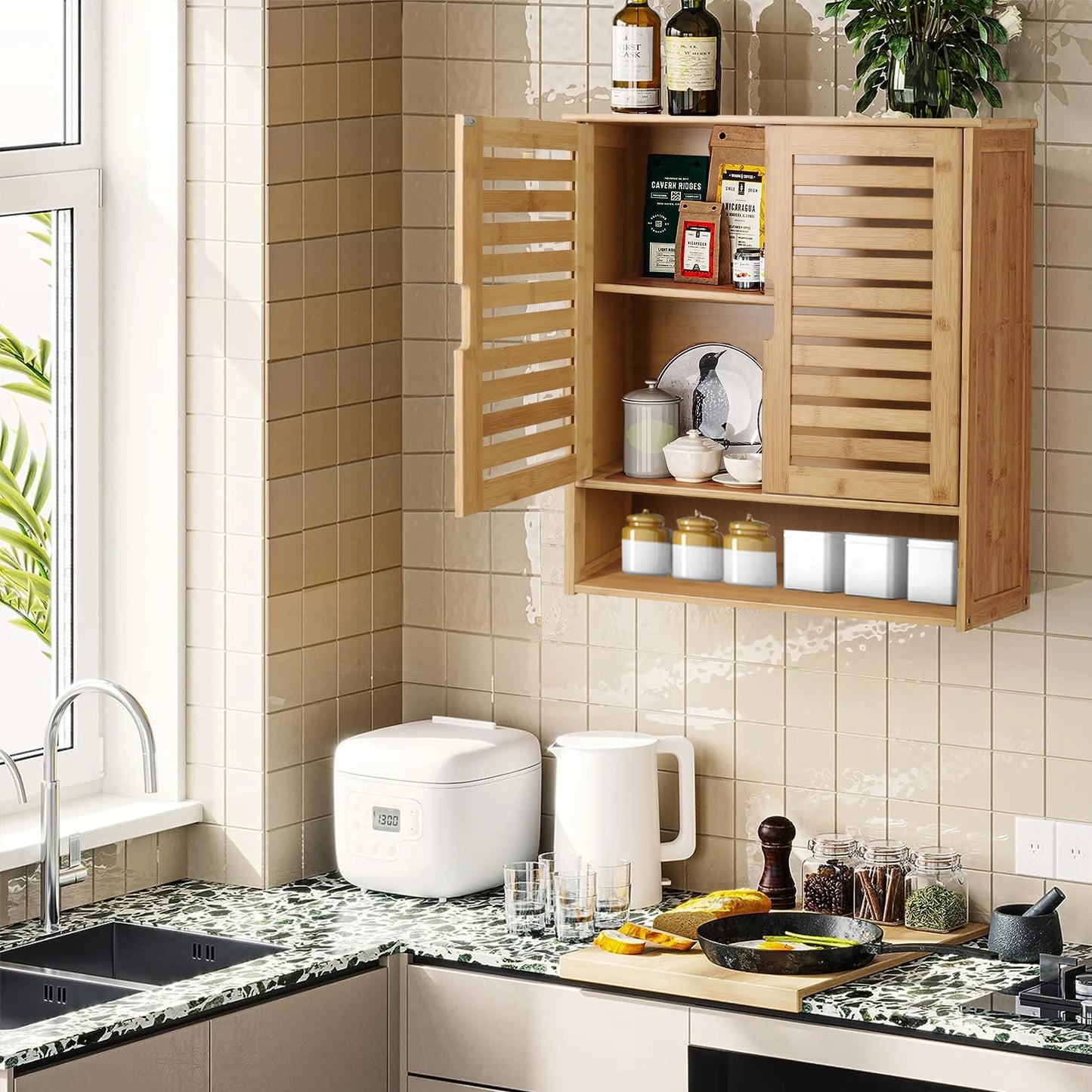 Armoire murale salle de bain bois clair, 2 portes et 1 compartiment ouvert