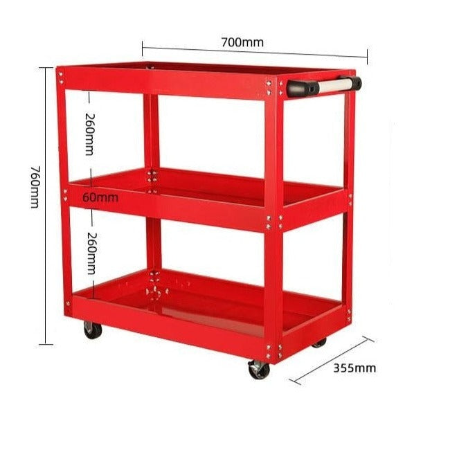 Etagère garage rouge à roulettes en métal 3 niveaux