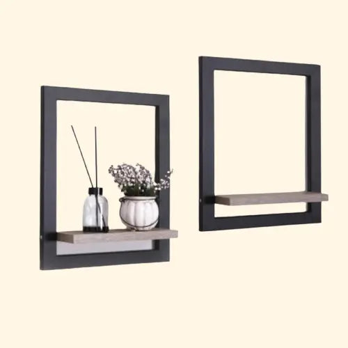 Etagère murale cadre noir et planche de support en bois