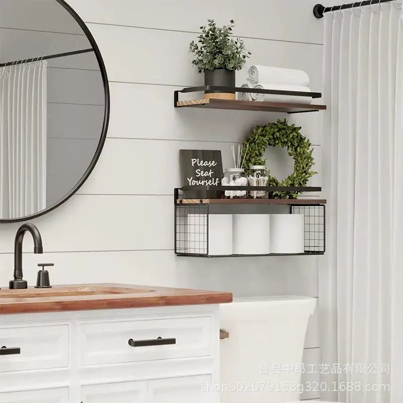 Etagère murale flottante en bois et noir avec rebord