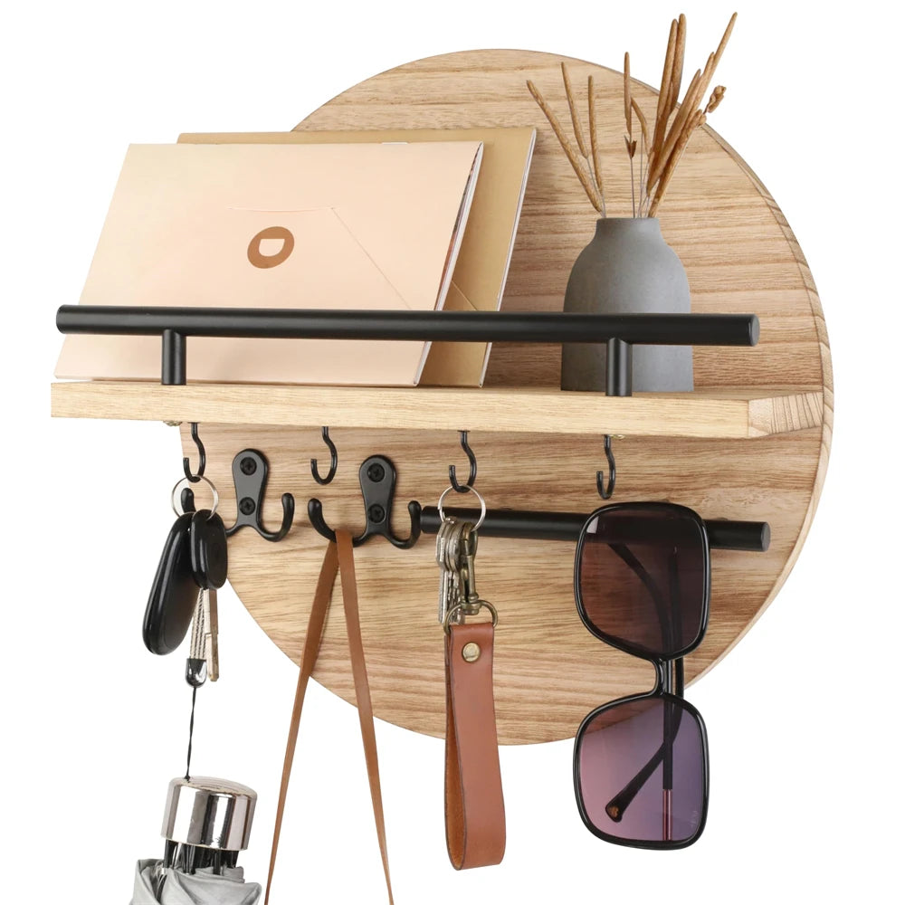 étagère murale ronde bois clair avec crochets suspendus