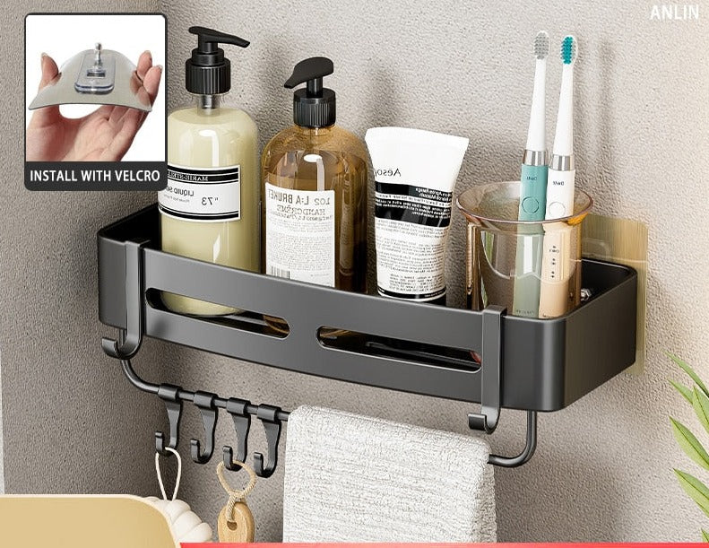 Etagère murale aluminium noir salle de bain à multiples supports