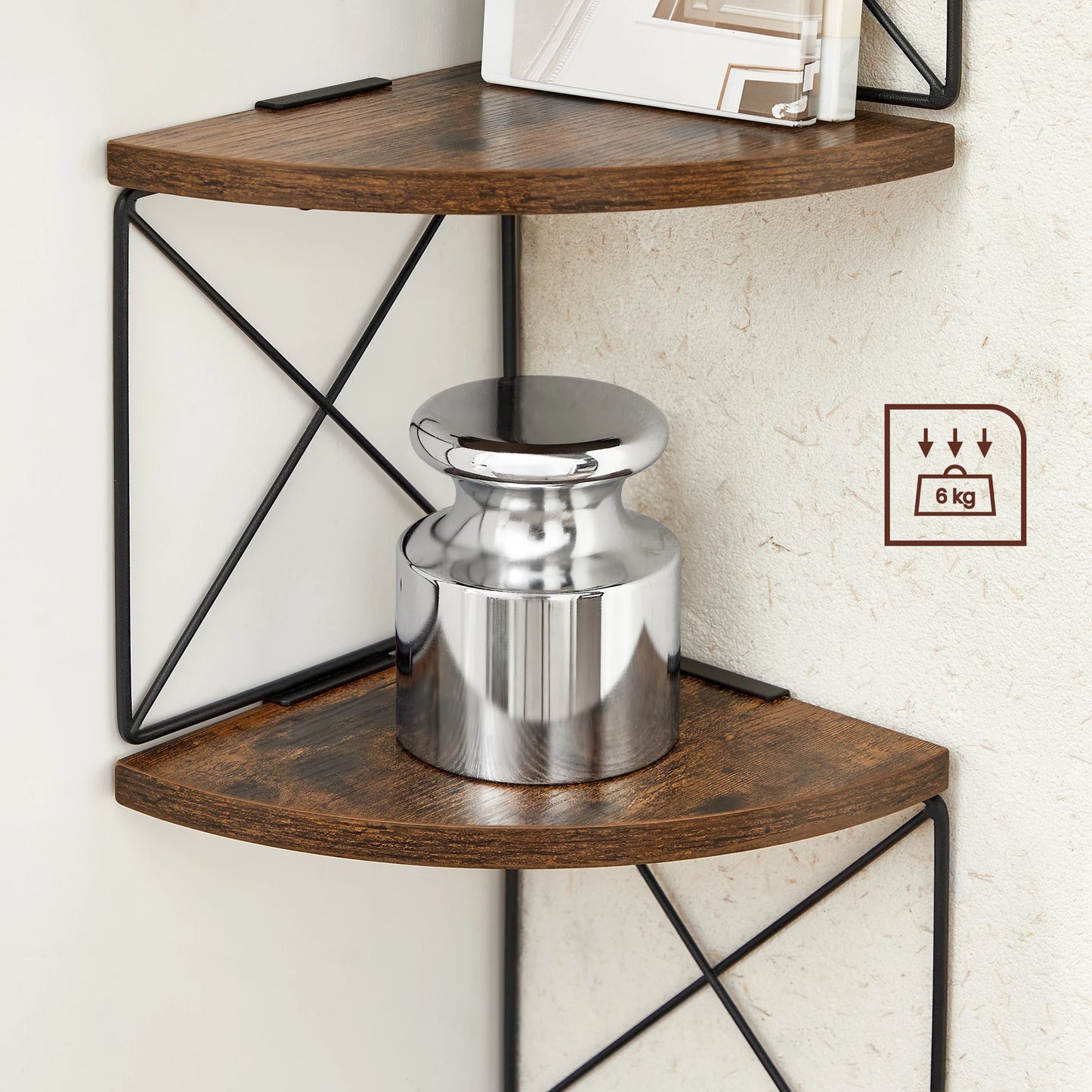 Etagère murale d'angle flottante industrielle bois et métal à 5 niveaux structure alternée