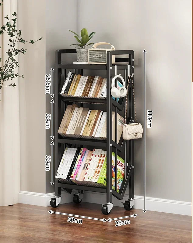Chariot bibliothèque rotative en métal à plateaux inclinables