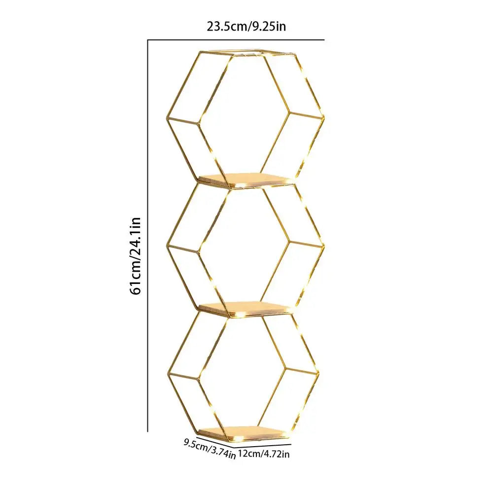 Etagère lumineuse chambre hexagonale bois clair et métal doré