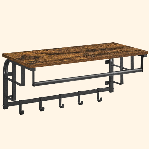 Etagère murale bois avec structure portante en métal noir et crochet porte manteau et accessoires