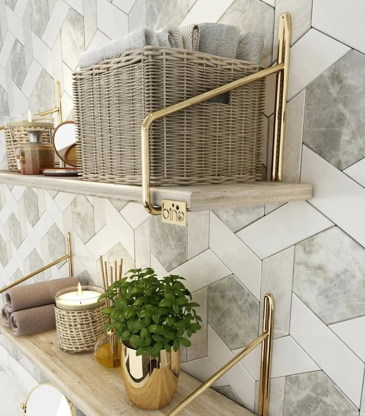 Etagère murale scandinave bois clair et métal doré