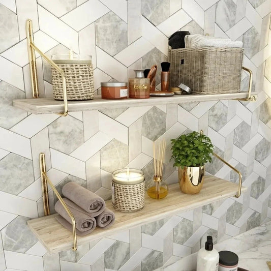 Etagère murale scandinave bois clair et métal doré