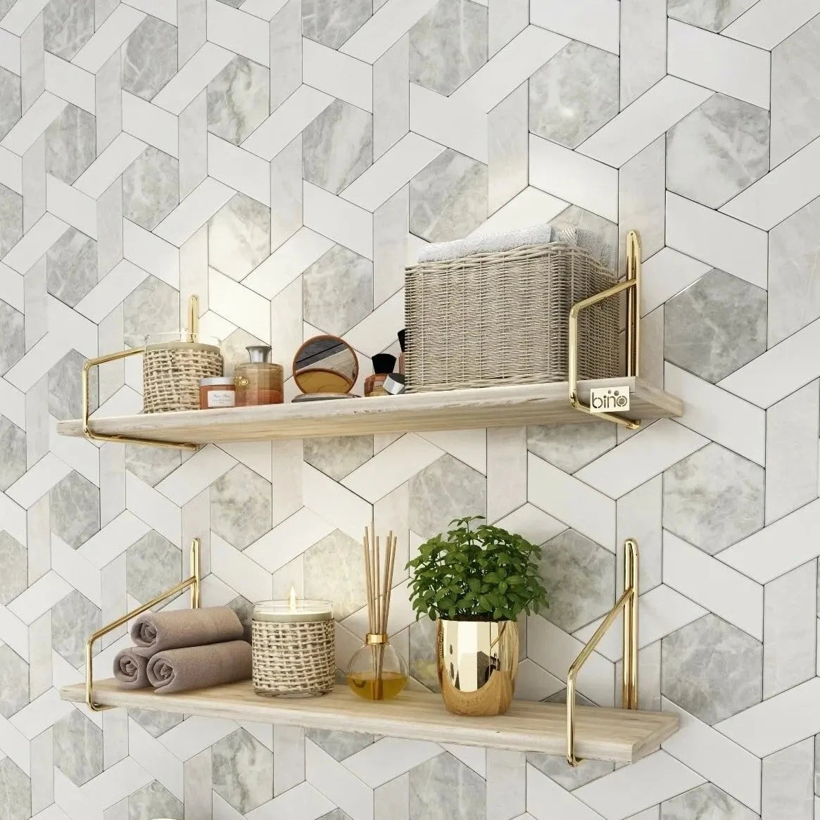 Etagère murale scandinave bois clair et métal doré