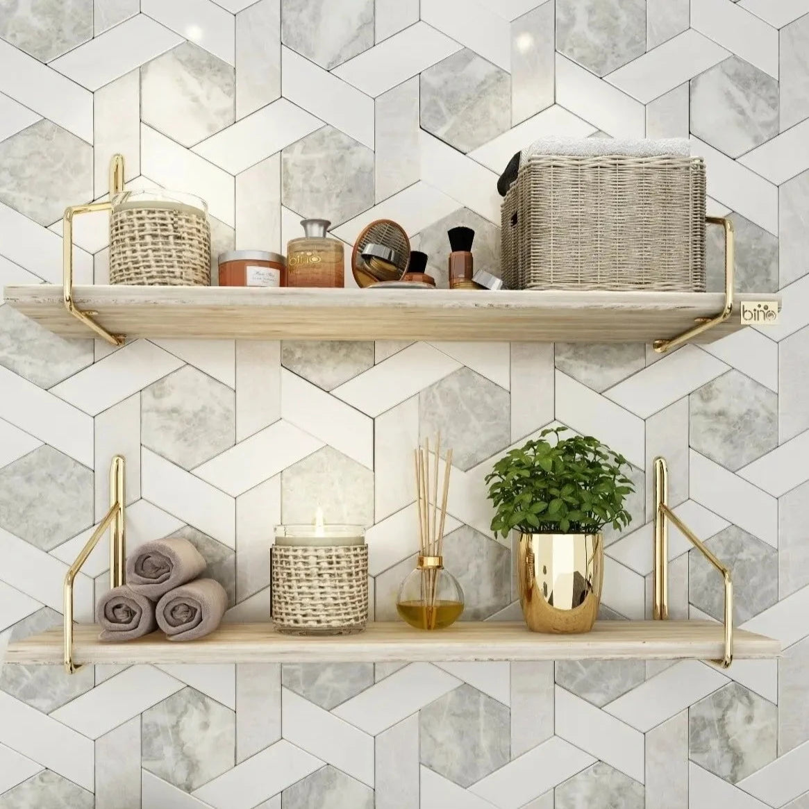 Etagère murale scandinave bois clair et métal doré