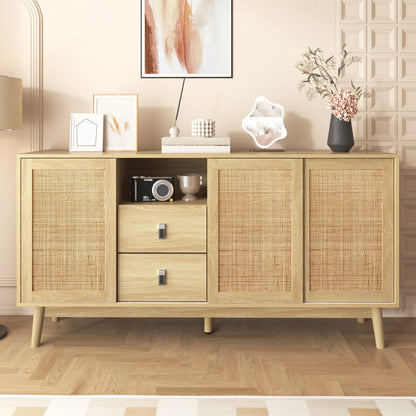 Buffet bois et rotin sur pieds 2 tiroirs 3 portes 155×38×80 cm