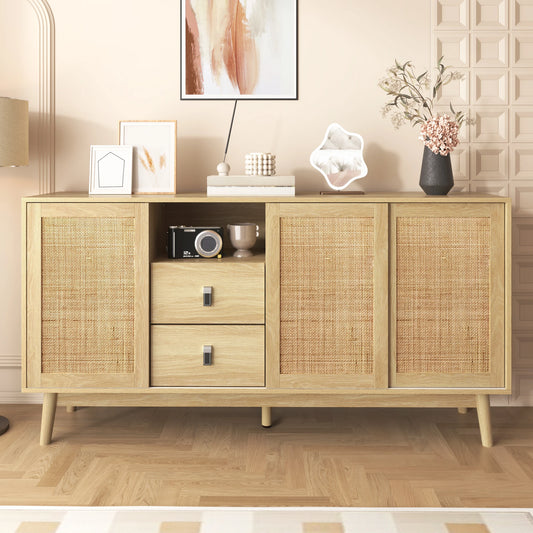 Buffet bois et rotin sur pieds 2 tiroirs 3 portes 155×38×80 cm