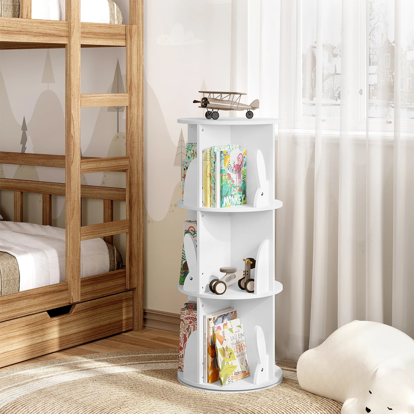 Bibliothèque rotative en bois blanc pour chambre enfant