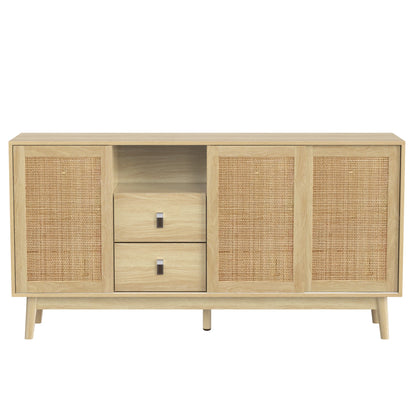 Buffet bois et rotin sur pieds 2 tiroirs 3 portes 155×38×80 cm