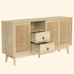 Buffet bois et rotin sur pieds 2 tiroirs 3 portes 155×38×80 cm