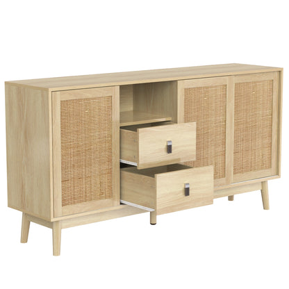 Buffet bois et rotin sur pieds 2 tiroirs 3 portes 155×38×80 cm