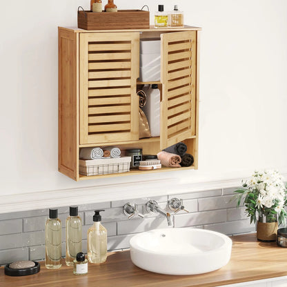 Armoire murale bois salle de bain 60cm avec portes ajourée et 1 compartiment ouvert