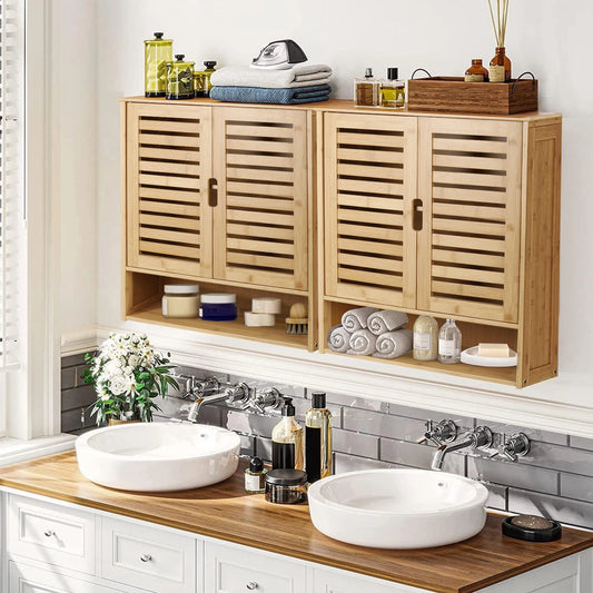 Armoire murale bois salle de bain avec portes ajourée et compartiment ouvert