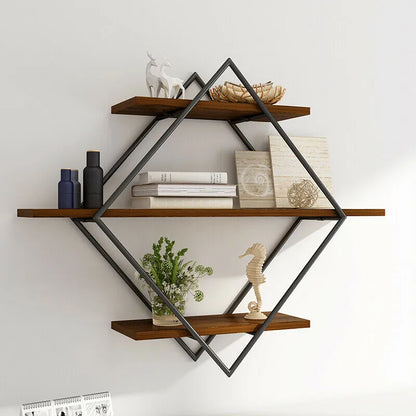 Etagère industrielle pour chambre de forme losange avec 3 planches en bois et structure en fer noir