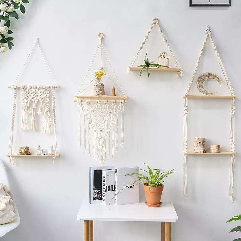 Etagère suspendue macramé corde et bois clair