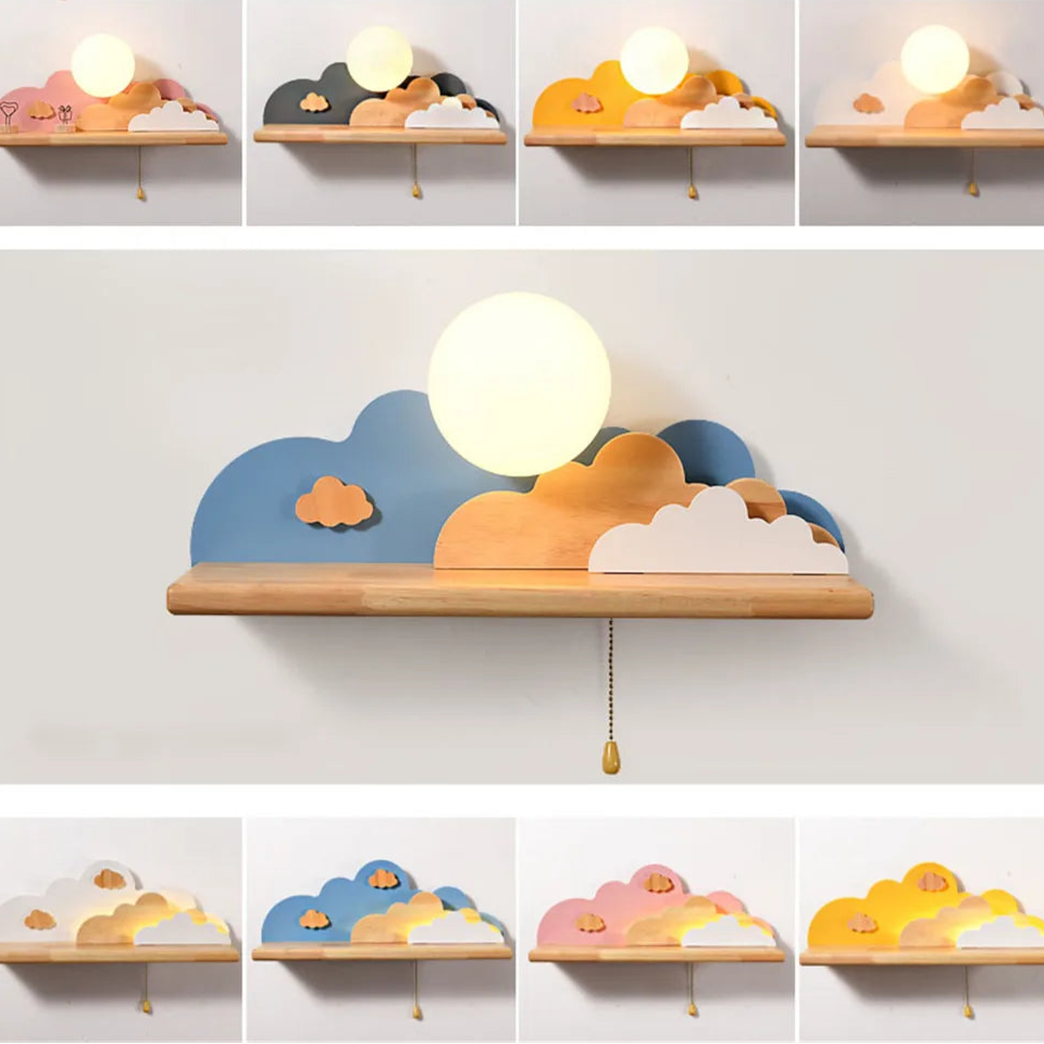 Etagère  lumineuse murale bois nuage coloré