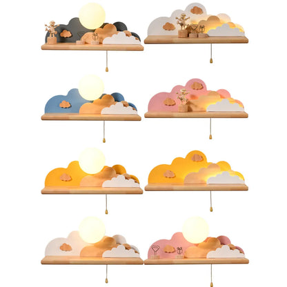 Etagère  lumineuse murale bois nuage coloré