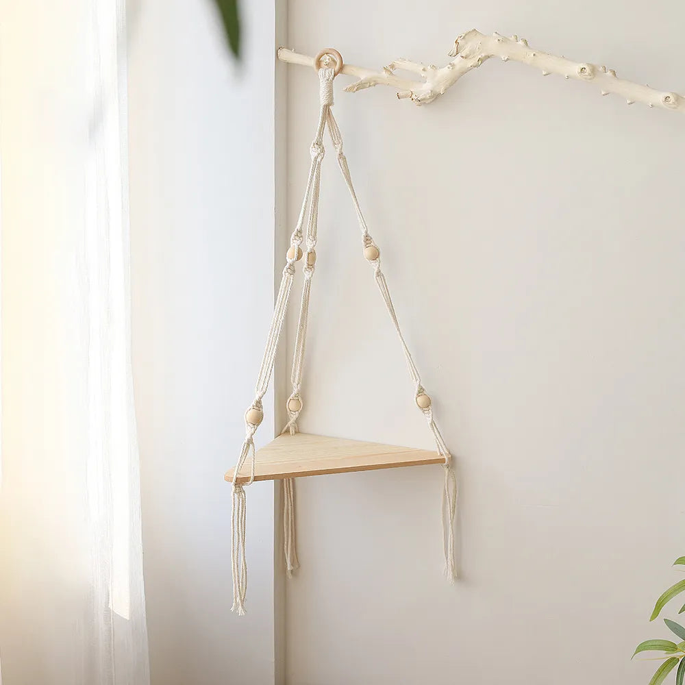 Etagère suspendue macramé corde et bois clair