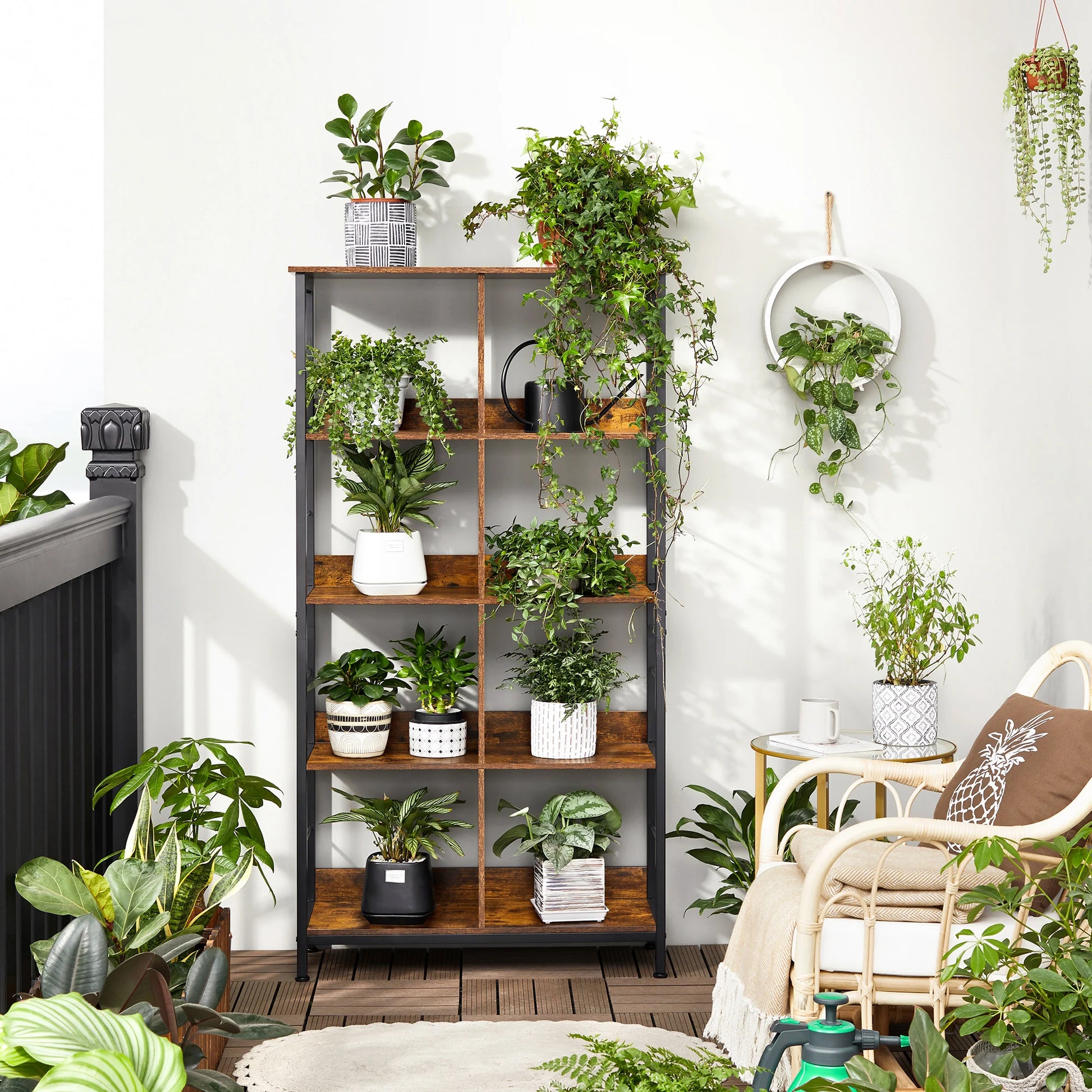 Meuble étagère pour plante robuste en bois et acier 80 x 33 x 149 cm
