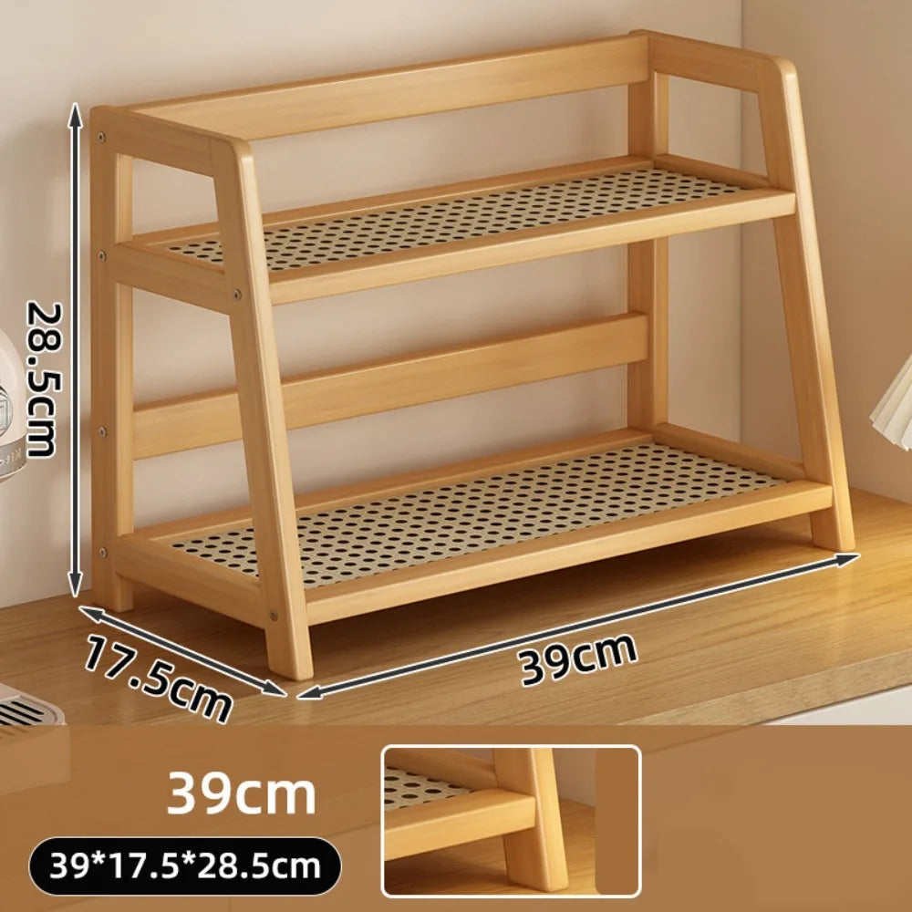 Etagère à poser en rotin et chêne double niveau 39x17x28cm