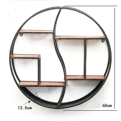 Etagère murale ronde noire en métal avec 6 tablettes en bois