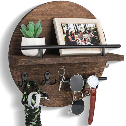 étagère murale ronde noire en bois fonçé avec crochets suspendus