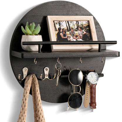 étagère murale ronde noire en bois avec crochets suspendus