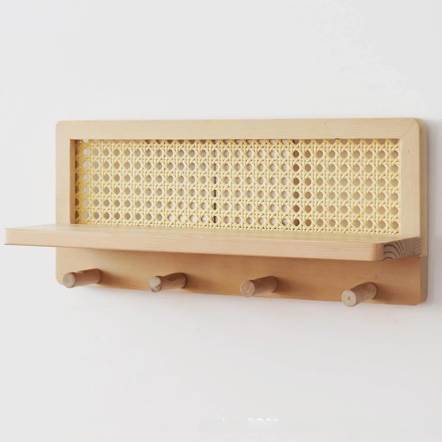 Etagère murale bois clair et rotin avec 4 patères