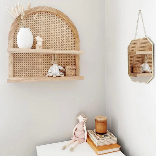 rangement mural décoratif en rotin et bois a double étagère